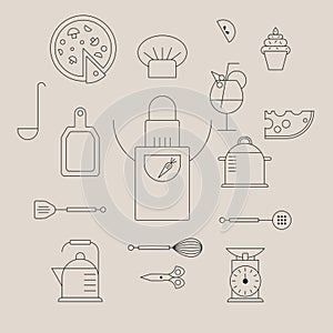 Culinary products, and kitchen outlines icon set over beige background.