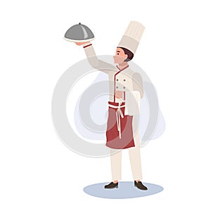 Culinary Professional concept. Chef Serving Delicious Gourmet Food. Flat vector cartoon illustration