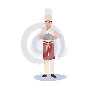 Culinary Professional concept. Chef Serving Delicious Gourmet Food. Flat vector cartoon illustration