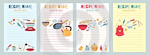 Culinary recipe cards. Cookbook pages with kitchen elements and layout for writing. Blank templates for listing of