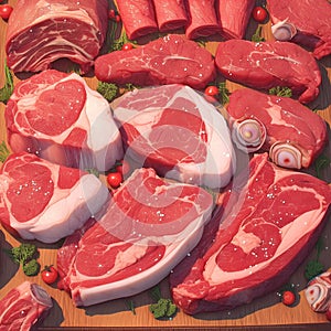 Culinary selection Assorted raw meat cuts presented in a variety