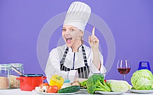 Culinary skills. Woman chef wear hat apron near table ingredients. Girl adorable chef teach culinary. Best culinary