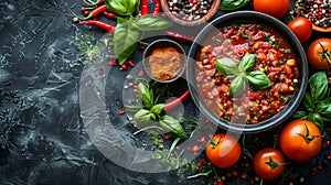 culinary spices, brightly colored spices and herbs surrounding a bowl of sugo evoke rich aromas and flavors in a photo
