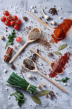 Culinary still life of assorted spices on white textured background, flat lay, close-up, selective focus.