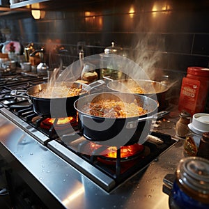 Culinary symphony Pots simmer with cooking food on a gas stove