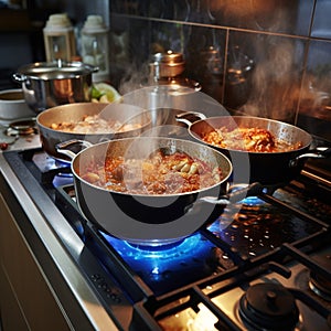Culinary symphony Pots simmer with cooking food on a gas stove