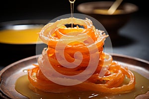 Culinary treasure Jalebi, an imarati Indian sweet, fried in pure ghee, selectively focused