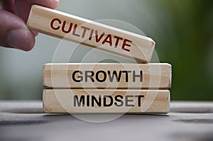 Cultivate growth mindset text on wooden blocks with blurred park background. Personal development concept.