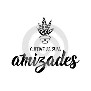 Cultivate your friendships in Portuguese. Lettering. Ink illustration. Modern brush calligraphy