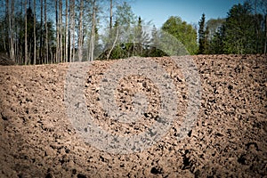 Cultivated agricultural field, spring preparatory work for sowing and planting