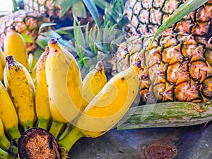 Cultivated banana ripe cultivated banana call Kluai Nam Wa in Thai and Pineapple fruit
