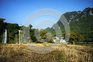 Cultivated farmland in dry season in Cao Bang province with Ban Gioc waterfall in north of Vietnam.