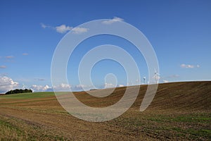 Cultivated field and wind turbine in Champagne