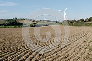 Cultivated fields with wind turbines for clean energy production