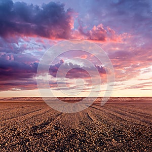 Cultivated land and cloud formations at sunset