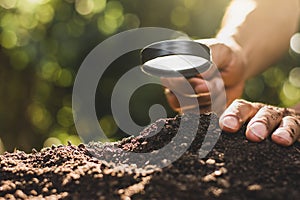 Cultivated loam and man& x27;s hand are using magnifiers to check soil conditions