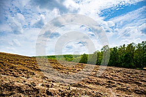 Cultivated plowed soil on the hill. Green forest and blue dramatic sky in the background.