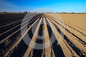 Cultivated potato field in spring time