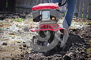 Cultivating garden soil in the spring with a rototiller