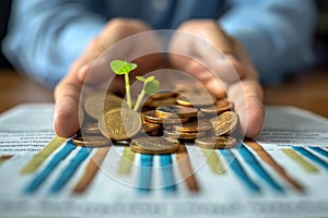 Cultivating Prosperity: Hands Nurturing Green Sprouts on Stacks of Coins and Cash. Generative AI