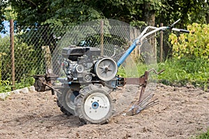 Cultivator in the field with dug potatoes