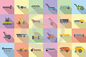 Cultivator machine icons set flat vector. Agriculture engine