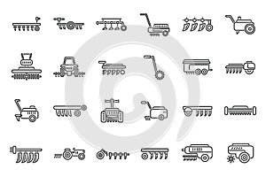 Cultivator machine icons set outline vector. Agriculture engine