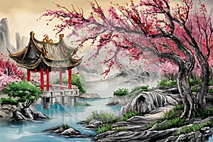 Cultural beauty Chinese landscape painting features cherry blossom print