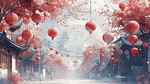 Cultural Elegance: National Trend Illustrations Illuminate the Chinese New Year Celebration with Lanterns and Houses