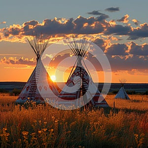 Cultural heritage Indian teepee in field at sunset, First Nations