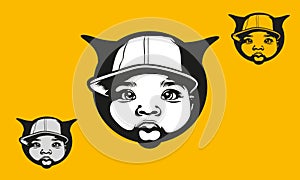 Cultural logo vector, Baby rapper with wolf ears. Stylised and isolated on yellow background