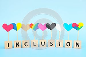Cultural, racial, gender, age and general equality, inclusion, love and diversity concept. Multicolored heart shape icons in blue