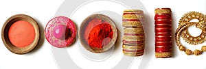 Cultural Symbols Showcasing Sindoor Palette and Bangles Arranged Elegantly on a Clean Backdrop photo