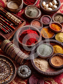 Cultural Symbols of Sindoor, Bangles, and Vibrant Spices Showcasing Traditional Elements and Colors photo