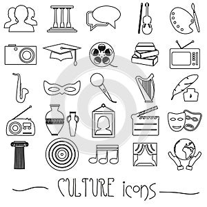 Culture and art theme black simple outline icons set eps10