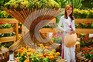 Culture Asia. Asian Woman In Traditional Dress ( Clothes ), Conical Hat