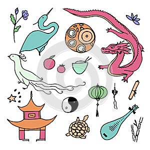 Culture of China icons. Hand drawn Chinese symbols.
