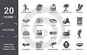 culture icon set. include creative elements as brazil soccer player, spring rolls, australian flag, mantecados, caipirinha drink