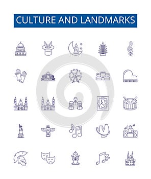 Culture and landmarks line icons signs set. Design collection of tradition, heritage, architecture, sculpture, monuments