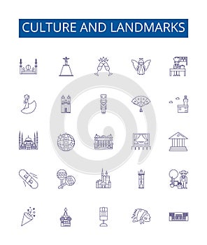 Culture and landmarks line icons signs set. Design collection of tradition, heritage, architecture, sculpture, monuments