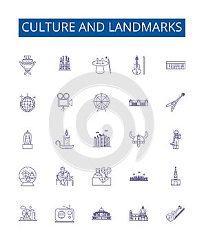 Culture and landmarks line icons signs set. Design collection of tradition, heritage, architecture, sculpture, monuments