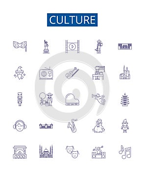 Culture line icons signs set. Design collection of Society, Custom, Norms, Values, Language, Arts, Music, Cuisine