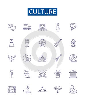 Culture line icons signs set. Design collection of Society, Custom, Norms, Values, Language, Arts, Music, Cuisine