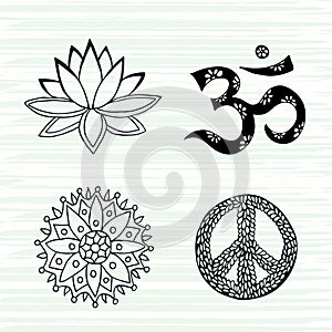 Culture symbols vector set. Lotus, mandala, mantra om and peace signs hand drawn collection. photo