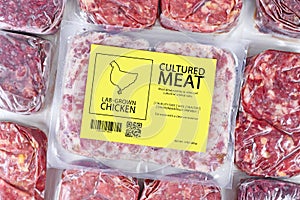 Cultured chicken meat concept for artificial in vitro cell culture meat production with frozen packed raw meat with label