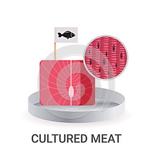 cultured raw red meat with label made from fish cells artificial lab grown meat production concept