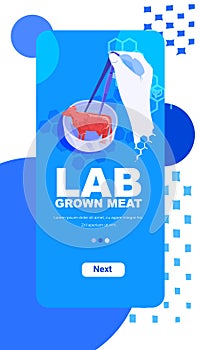 cultured red raw meat made from animal cells artificial lab grown meat production concept vertical