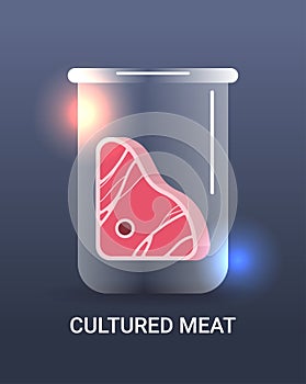 cultured red raw meat in test tube made from animal cells artificial lab grown meat production concept
