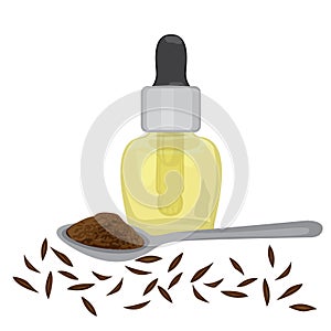 Cumin Zira seeds, powder in a spoon, and essencial oil