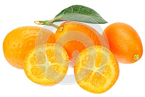 Cumquat or kumquat with slices and leaves isolated on white background photo